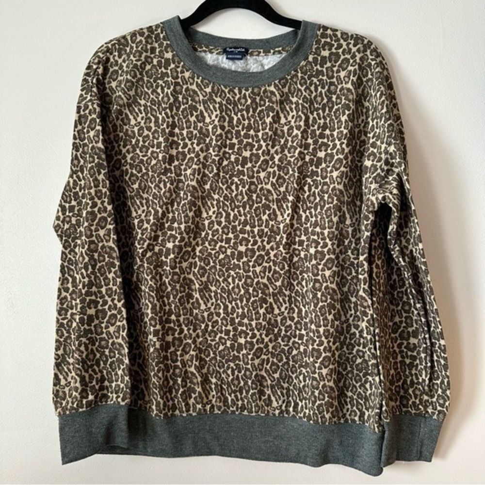 Splendid Large Sweatshirt Brown Leopard Print Long Sleeve Ribbed Trim Pullover